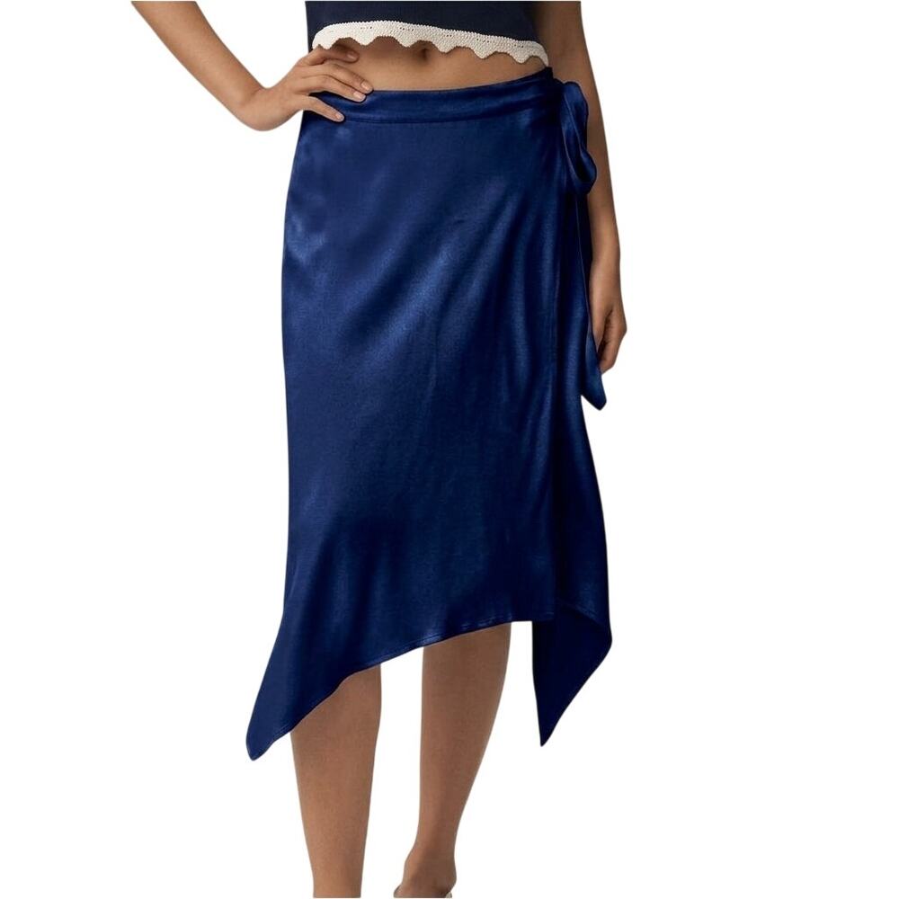 NWT Anthropologie Dark Royal Blue Asymmetrical Midi Wrap Skirt XL Flowy Coastal